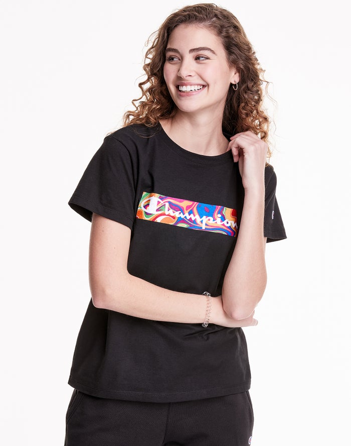 Champion Classic Jersey Liquid Filled Block With Script Logo Kadın Tişört Siyah ( KFLHDW431 )